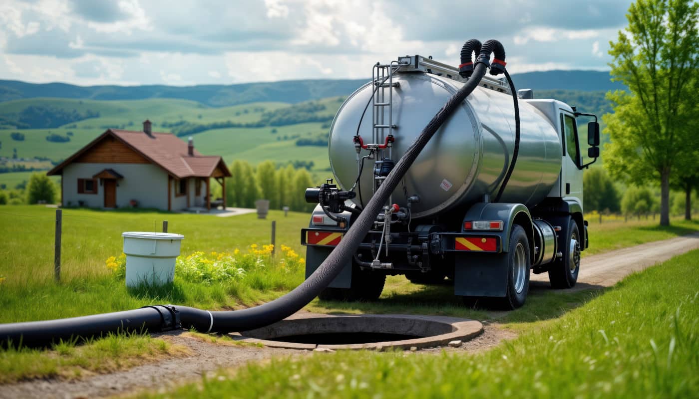 Suction truck empties septic tank in rural area. Vehicle connects to drainage pit. Maintenance of septic system. Green countryside, house in background. Rural homes rely on service. Efficient sewage